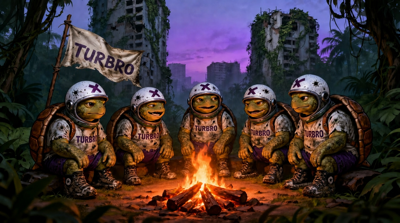 Five Turbro tortoise survivors gathered around a campfire at the jungle's edge with the decaying cityscape behind them